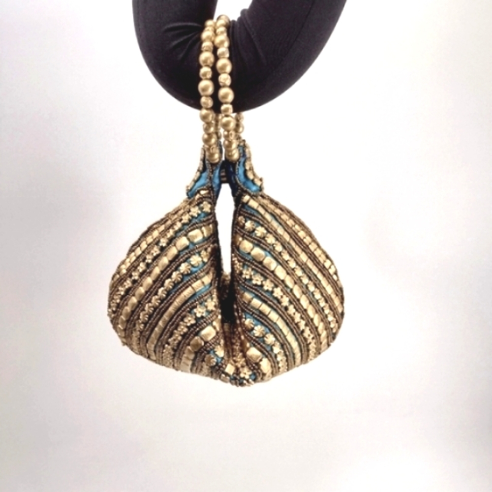 NWOT FORTUNE COOKIE PURSE w/ Gold Beaded Detail & Hoop Arm/ Wrist Handles